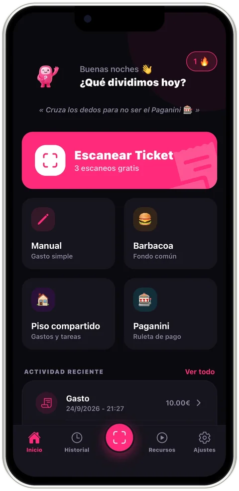 Pakko: pantalla de inicio con Escanear ticket, Manual, Barbacoa, Piso compartido y Paganini