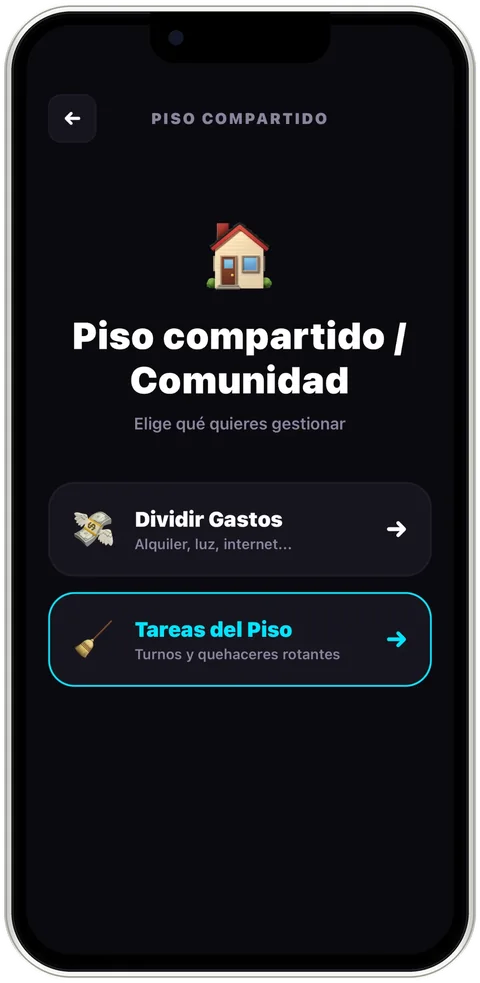 Pakko: pantalla Piso compartido con Dividir gastos y Tareas del piso